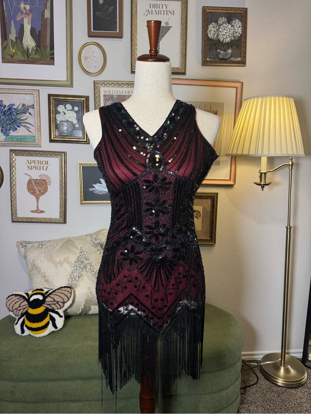 Vintage-Inspired Black Beaded Burgundy Flapper Dress